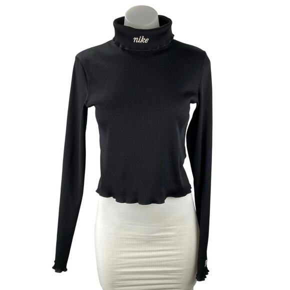 Nike Women's Black Ribbed Knit Long Sleeve Turtle Neck Crop Sweater Tops Size S - Picture 1 of 5